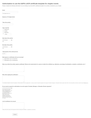 Authorization To Use The AAPG LACR Certificate Template For Chapter Events Form Template