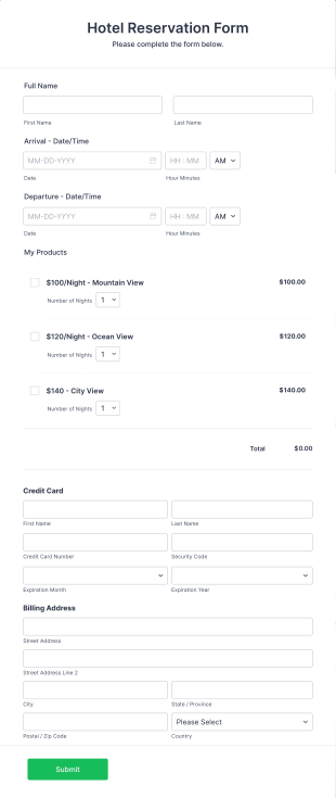 Authorize.Net Hotel Reservation Form Template