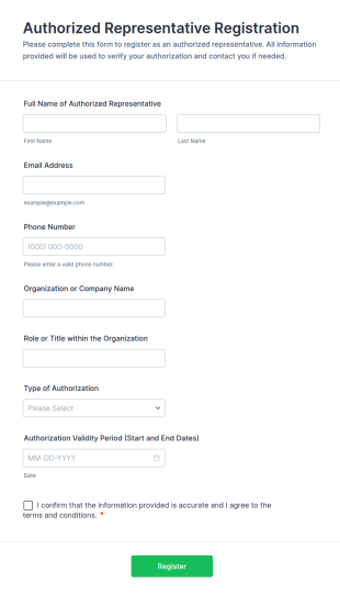 Authorized Representative Registration Form Template