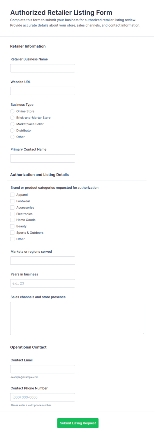 Authorized Retailer Listing Form Template