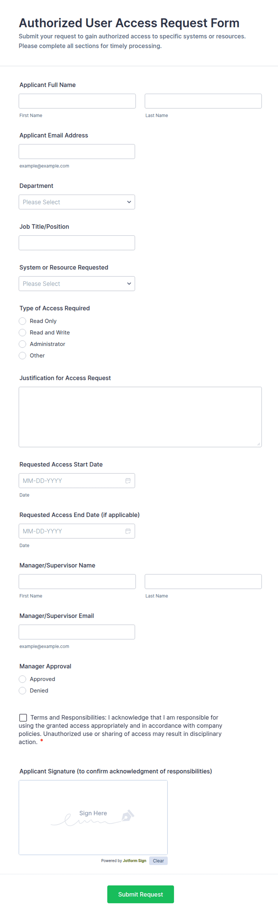 Application Access Form Example Authorized User Access Request Form Template | Jotform
