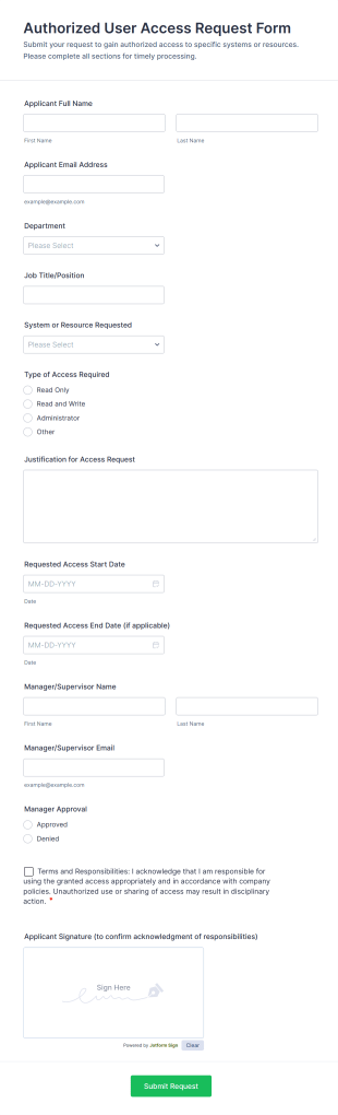 Authorized User Access Request Form Template