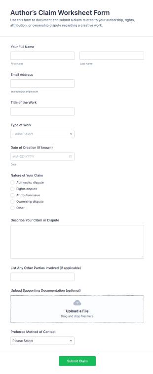 Author’s Claim Worksheet Form Template