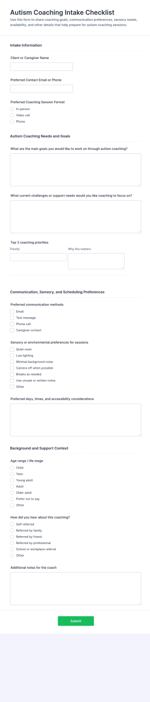 Autism Coaching Intake Checklist Form Template