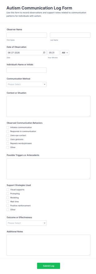 Autism Communication Log Form Template