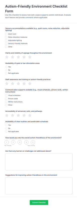 Autism Friendly Environment Checklist Form Template