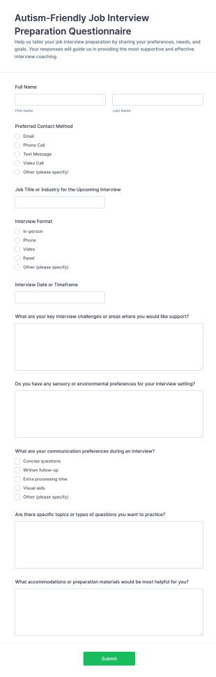 Autism Friendly Job Interview Preparation Questionnaire Form Template