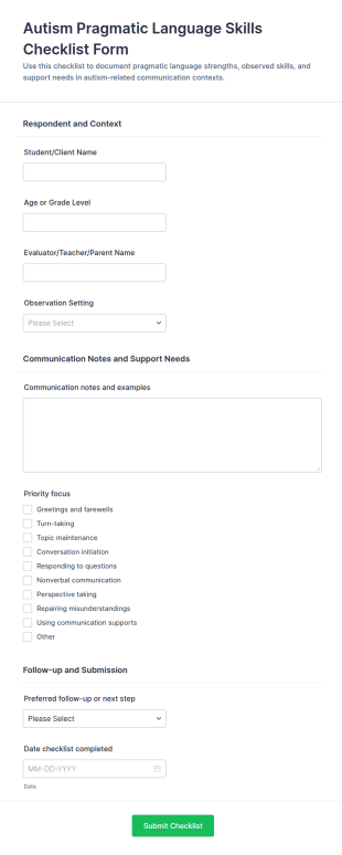 Autism Pragmatic Language Skills Checklist Form Template