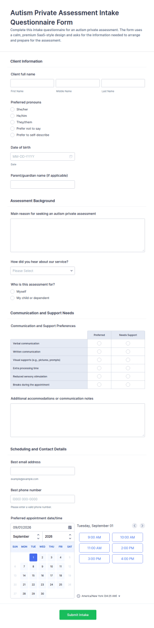 Autism Private Assessment Intake Form Template