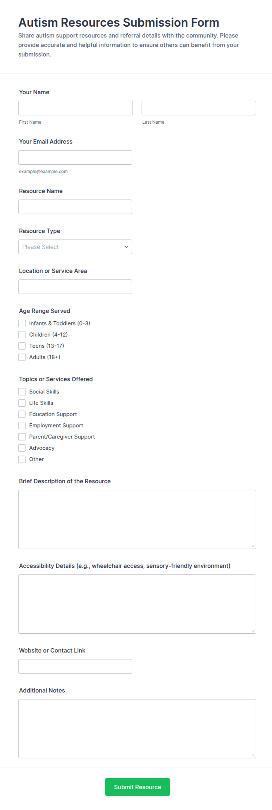 Autism Resources Submission Form Template | Jotform