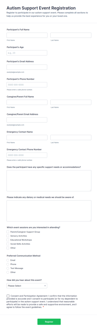 Autism Support Event Registration Form Template