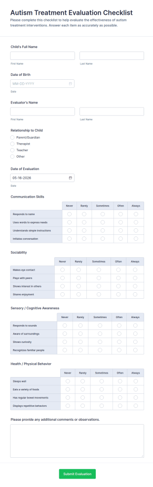 Autism Treatment Evaluation Checklist Form Template