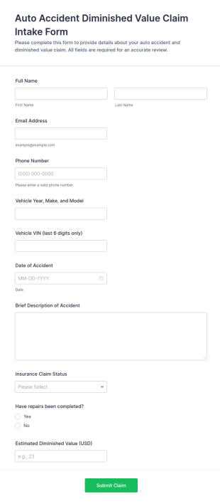 Auto Accident Diminished Value Claim Intake Form Template