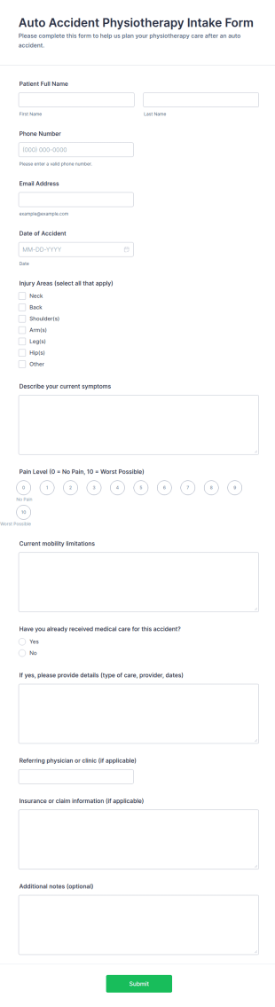 Auto Accident Physiotherapy Intake Form Template