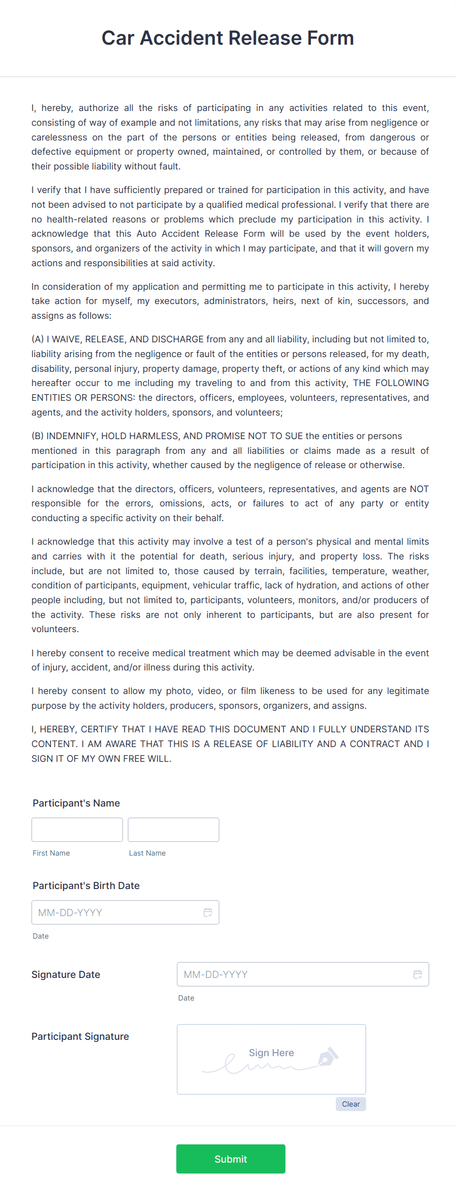 Car Accident Release Form Template | Jotform