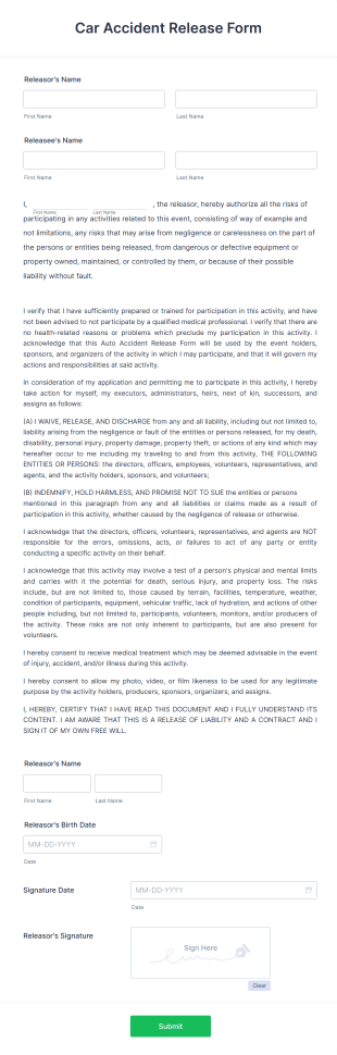 Car Accident Release Form Template