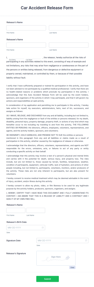 Car Accident Release Form Template
