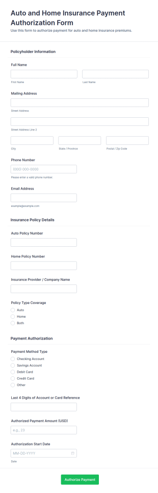 Auto And Home Insurance Payment Authorization Form Template