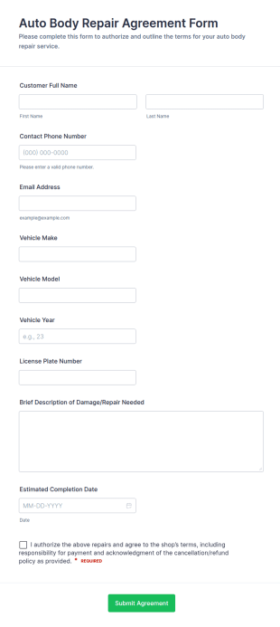 Auto Body Repair Agreement Form Template