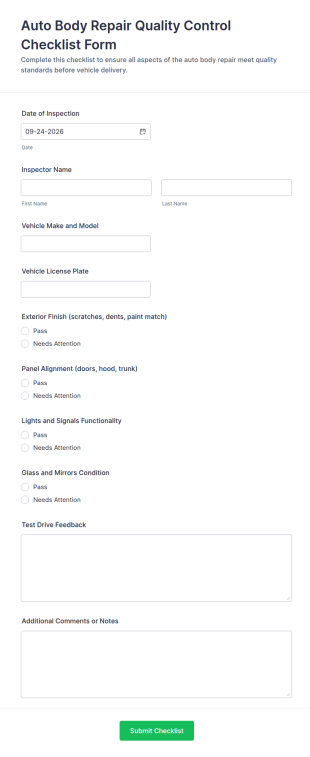 Auto Body Repair Quality Control Checklist Form Template