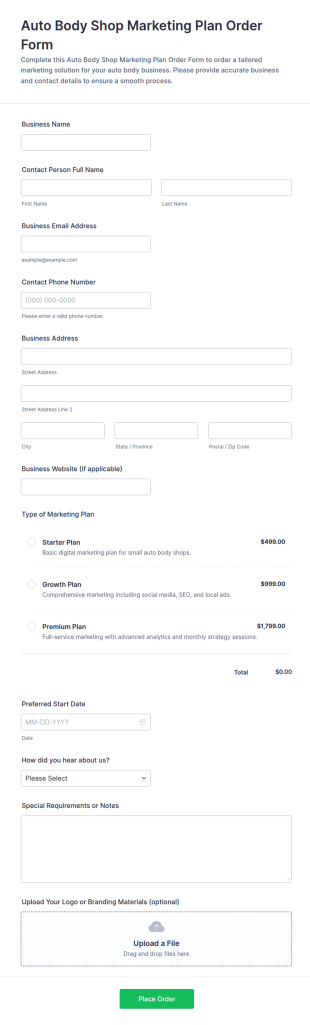 Auto Body Shop Marketing Plan Order Form Template