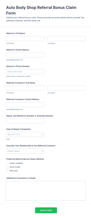 Auto Body Shop Referral Bonus Claim Form Template