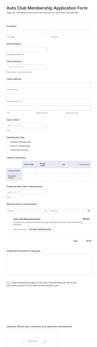 Auto Club Membership Application Form Template