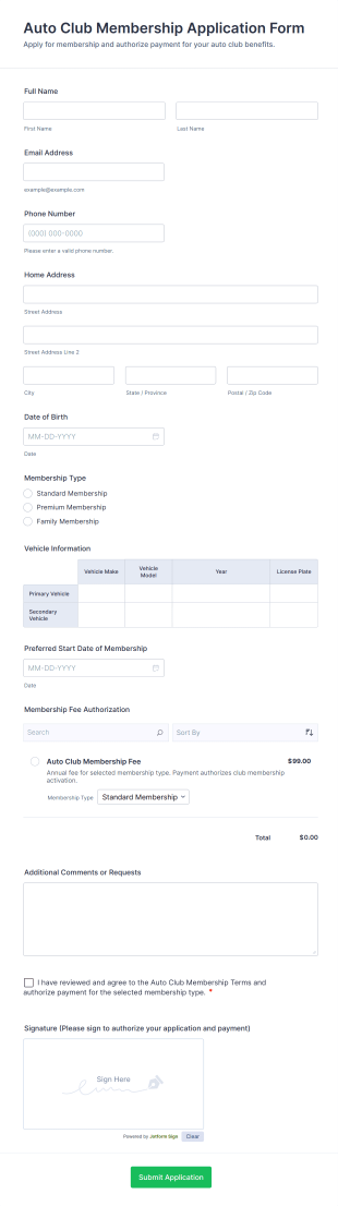 Auto Club Membership Application Form Template