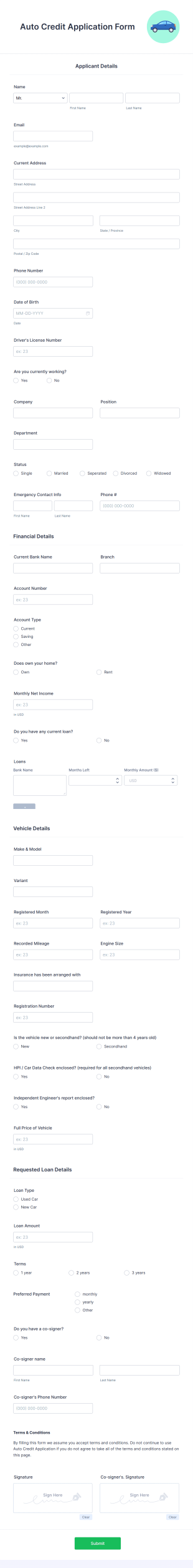 Auto Credit Application Form Template