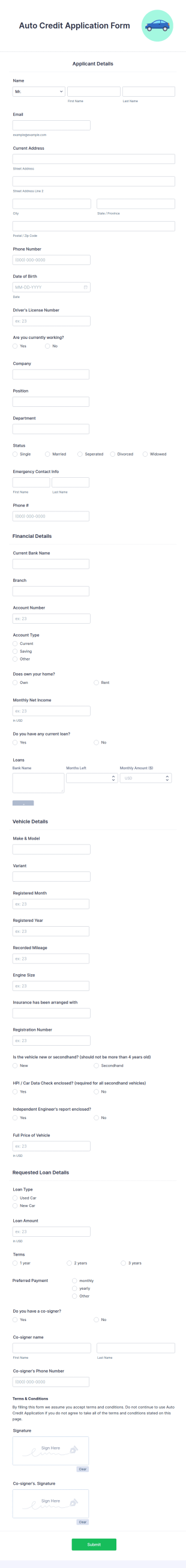 Auto Credit Application Form Template