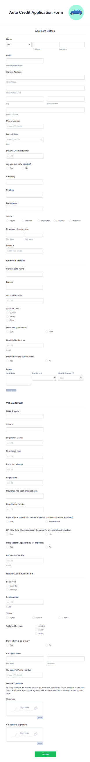 Auto Credit Application Form Template