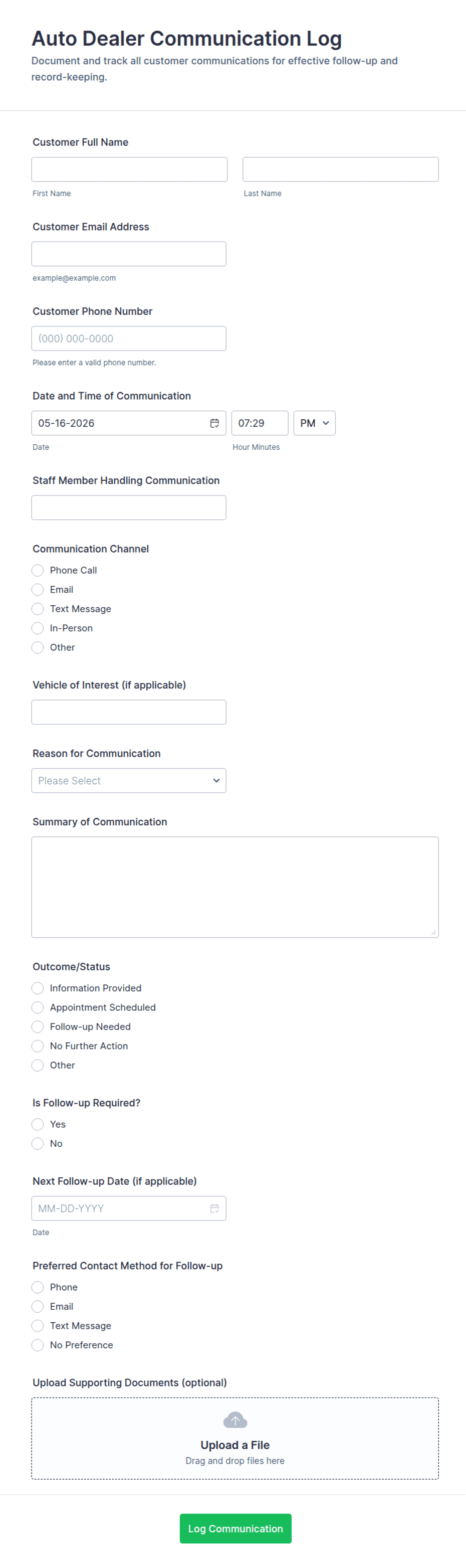Auto Dealer Communication Log Form Template | Jotform