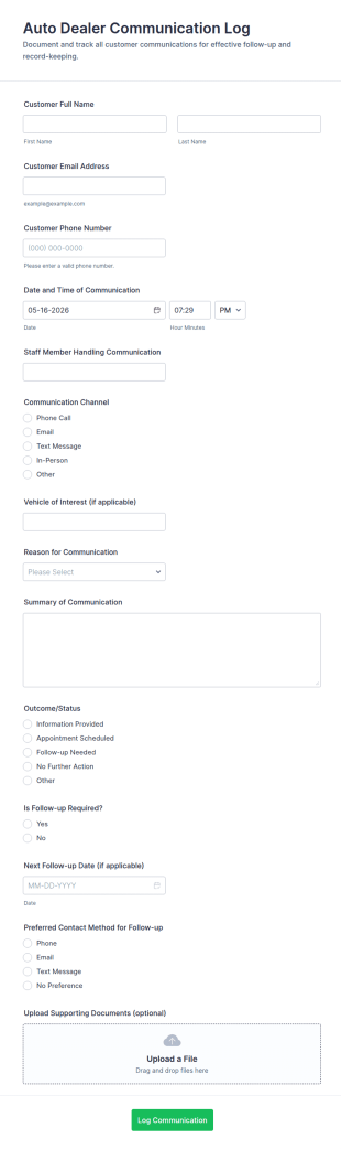 Auto Dealer Communication Log Form Template