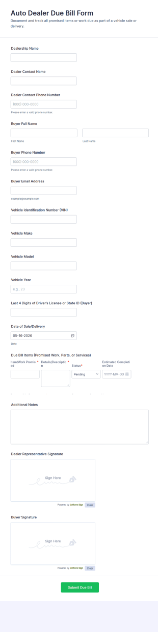 Auto Dealer Due Bill Form Template