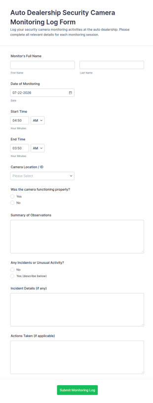 Auto Dealership Security Camera Monitoring Log Form Template