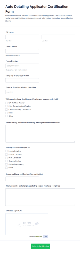 Auto Detailing Applicator Certification Form Template