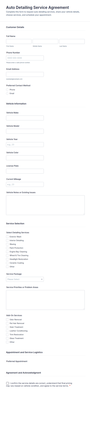 Auto Detailing Service Agreement Form Template