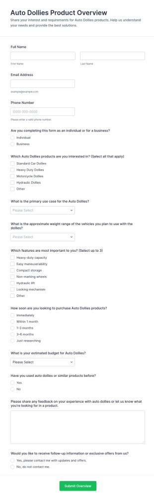 Auto Dollies Product Overview Form Template