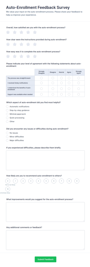 Auto Enrollment Feedback Survey Form Template