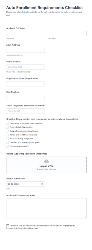 Auto Enrollment Requirements Checklist Form Template