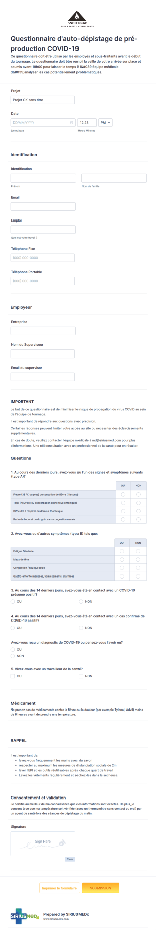 Auto évaluation De Dépistage COVID De L'Equipe De Tournage