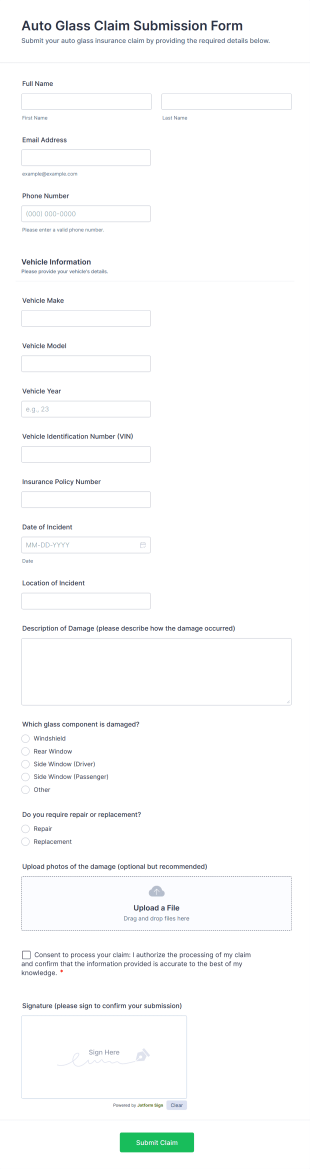 Auto Glass Claim Submission Form Template
