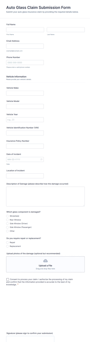 Auto Glass Claim Submission Form Template