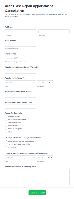 Auto Glass Repair Appointment Cancellation Form Template