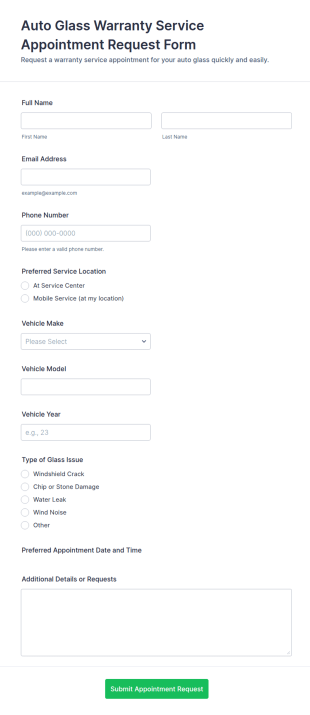 Auto Glass Warranty Service Appointment Request Form Template