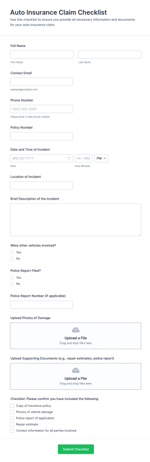 Auto Insurance Claim Checklist Form Template
