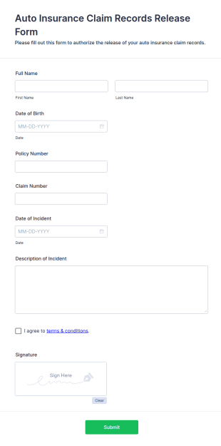 Auto Insurance Claim Records Release Form Template