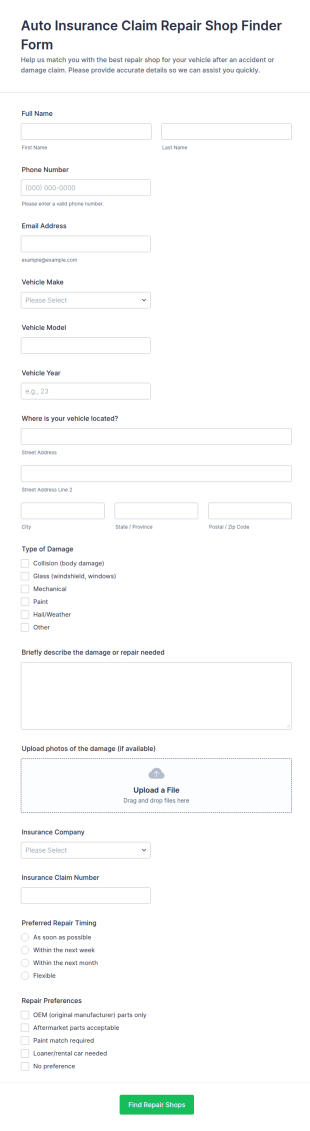 Auto Insurance Claim Repair Shop Finder Form Template