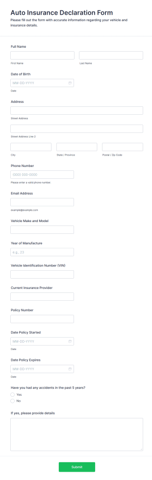 Auto Insurance Declaration Form Template
