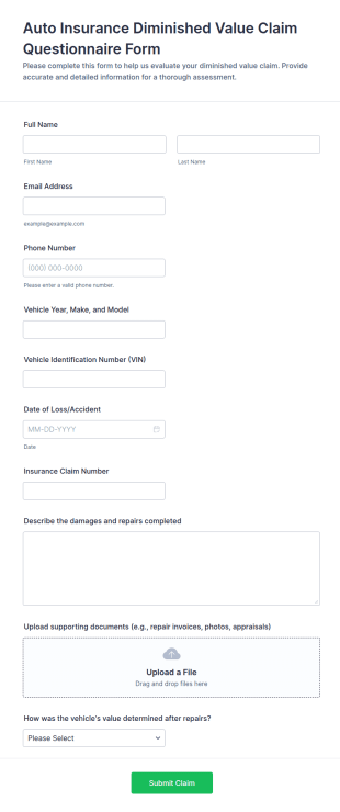 Auto Insurance Diminished Value Claim Form Template